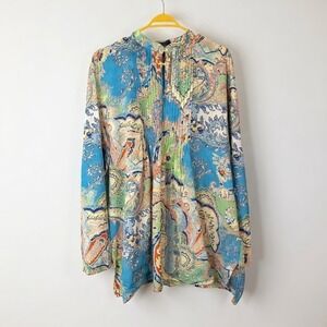 Lauren Ralph Lauren XL Blue Green Paisley Pintuck Cotton Keyhole Blouse